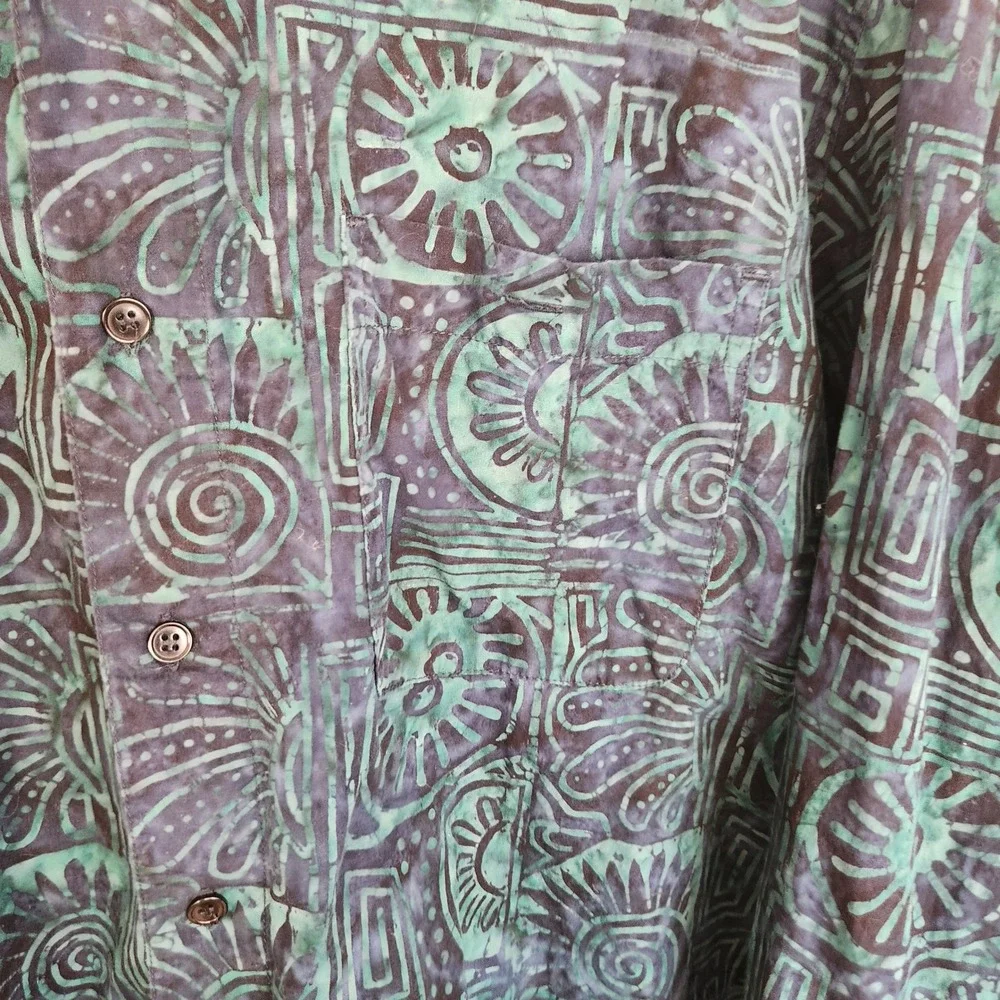 Jahari West Men's Long Sleeve Dark Blue and Teal Tropical Batik Shirt - Large - Picture 5 of 10